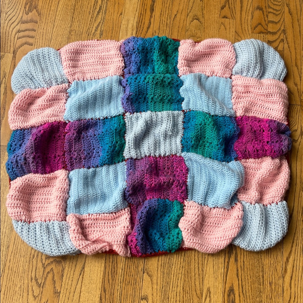 Patchwork Crochet Afghan Blanket Pink Blue Purple Teal Small Throw 35” x 29”
